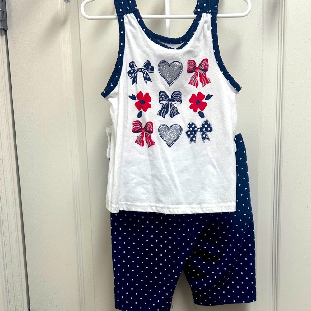 Little Lass Girls Bow Red Navy Polka Dot Tank and Shorts Set SZ 6